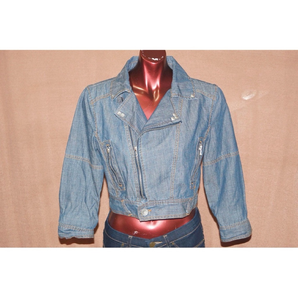 Celebrity Pink Denim Jacket Cropped Moto Jacket Size M